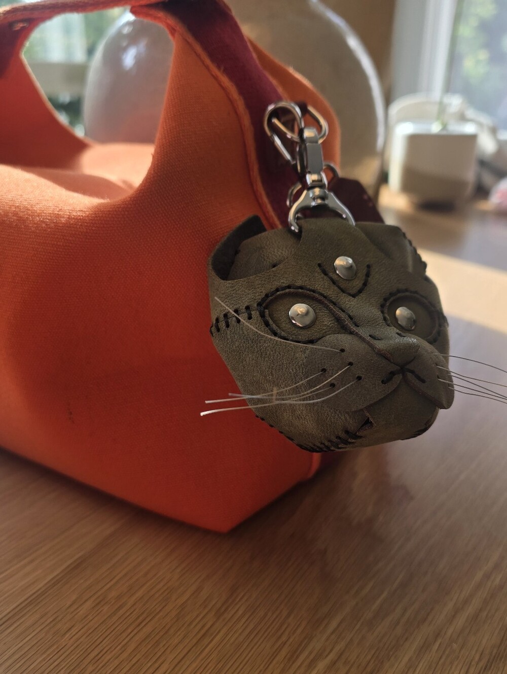 Handcrafted Green Cat Keychain, Coins, Airpod Leather Charm Bag